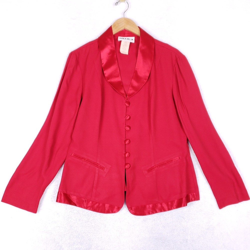 Studio I Red Satin Trim Blazer Jacket Women's 14 Shawl Collar Button Front